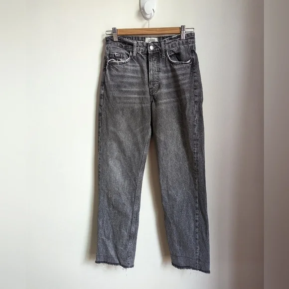 ZARA Dark Grey Boyfriend Fit Raw Hems High Rise Casual Button Fly Jeans Size 24 - Picture 3 of 12